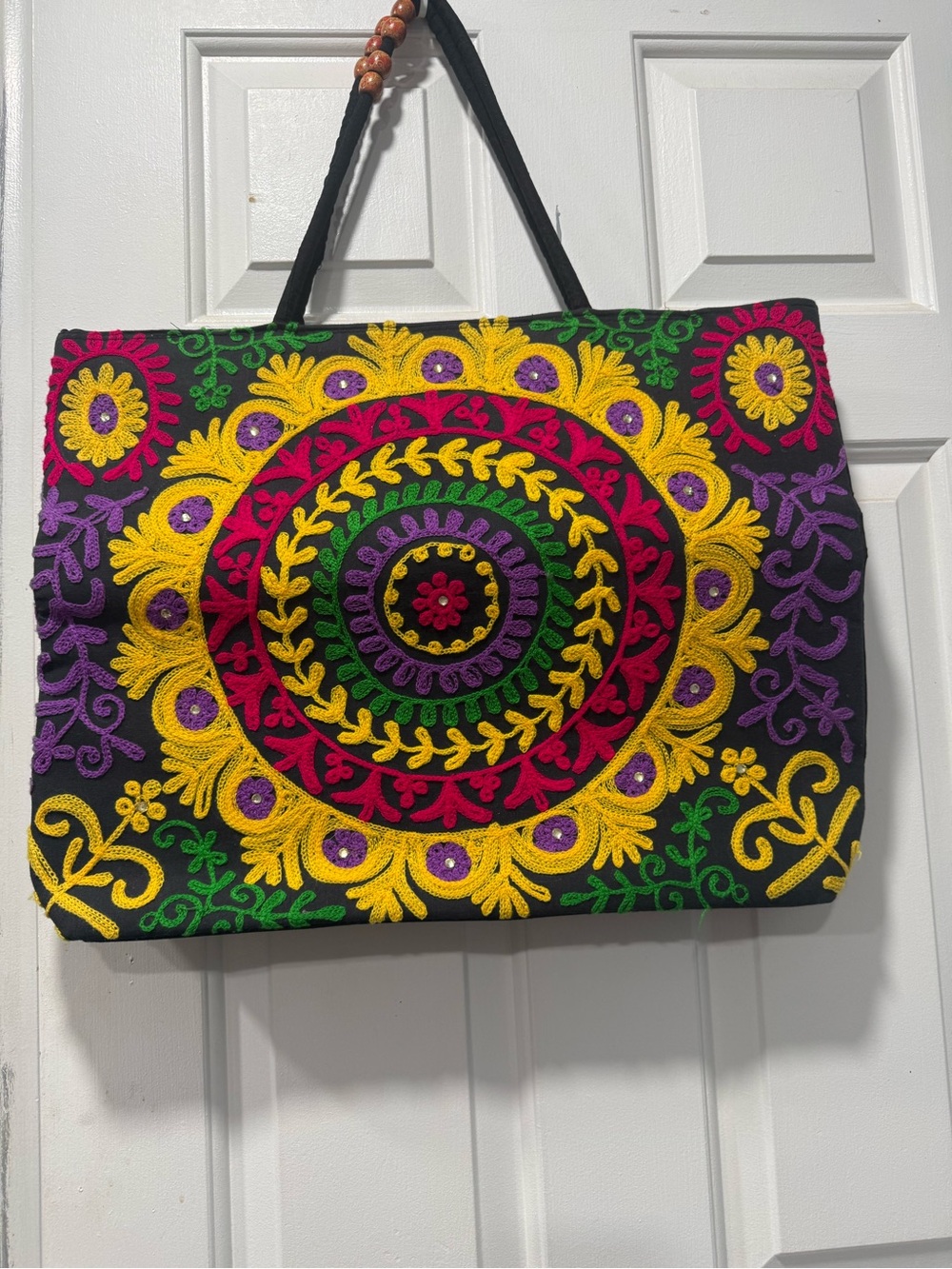 Black Embroidered Tote Bag with Vibrant Yellow, Pink & Purple Accents